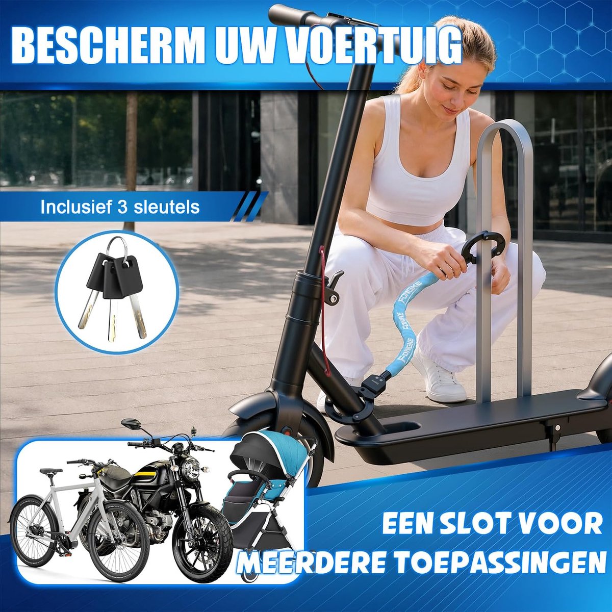 SnelShoppen - E-Step Slot Handboeislot, Diefstalbestendig Fietsslot, Gehard Stalen Kettingslot voor E-Bike en Scooter, Krasbestendig en Veilig, Blauw