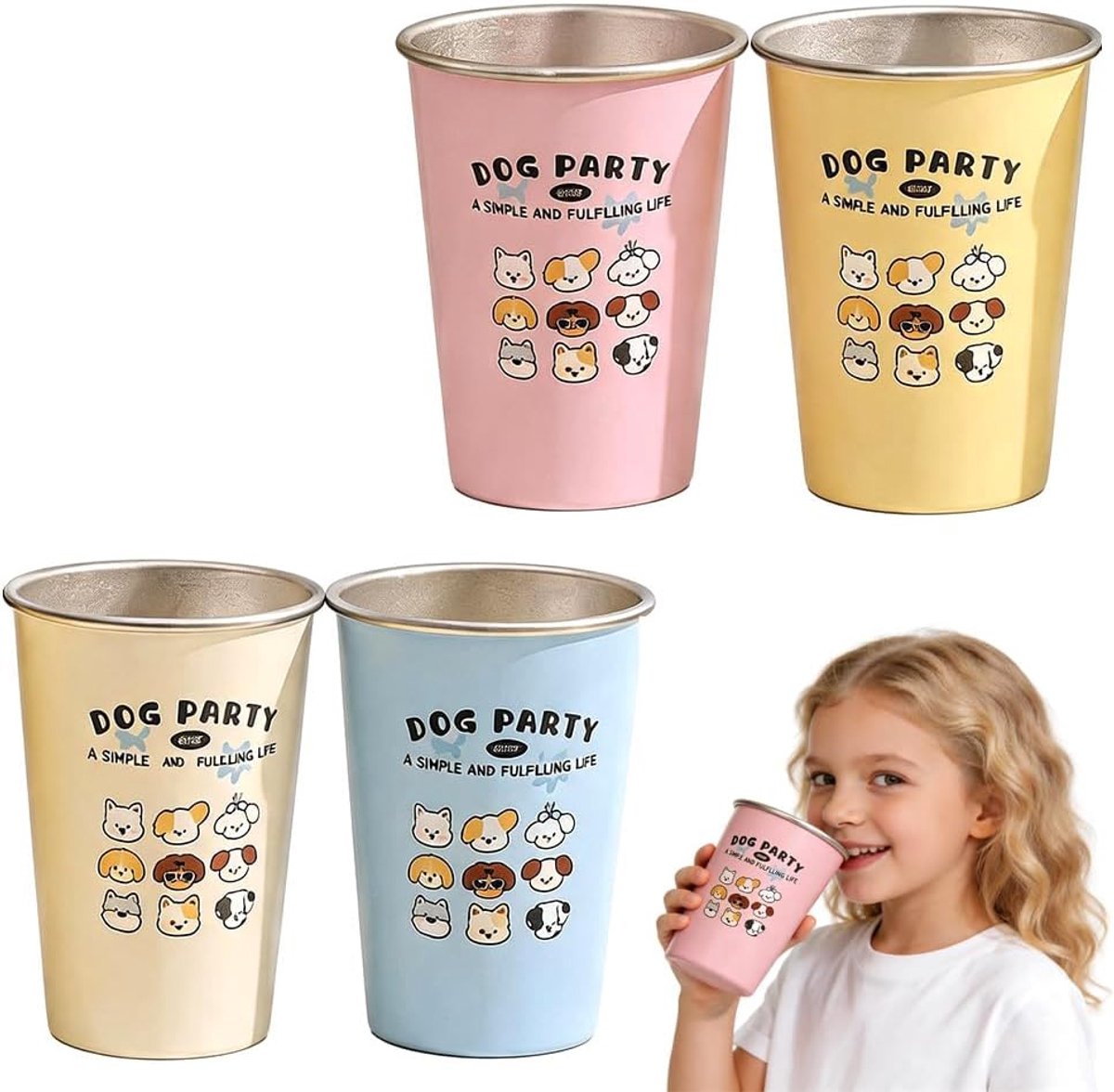 SnelShoppen - Set van 4 Roestvrijstalen Kinderbekers - Onbreekbare Drinkbekers voor Jongens en Meisjes - 350 ml - Ideaal voor Verjaardag, Kleuterschoo