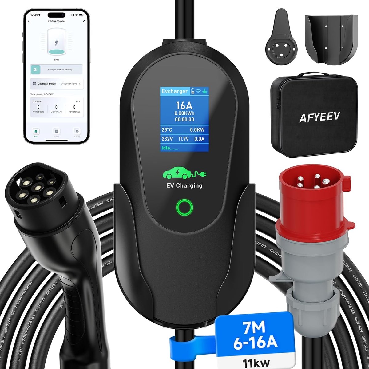 SnelShoppen - EV Charger CEE 11kW Type 2 Oplaadkabel, 3 Fase, 7 Meter, 6-16 A, Draagbare Mobiele Wallbox, IEC 62196-2