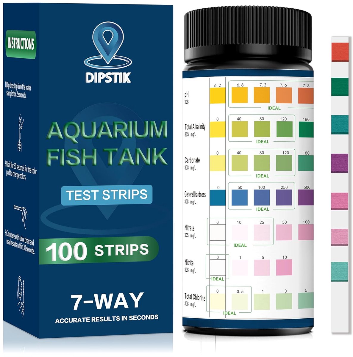 SnelShoppen - 7 in 1 Aquarium Test Strips - 100 Stuks Water Test Set voor Zoetwater en Vijver - Nitraat, Nitriet, Chloor, pH, Hardheid, Alkaliteit, Ca