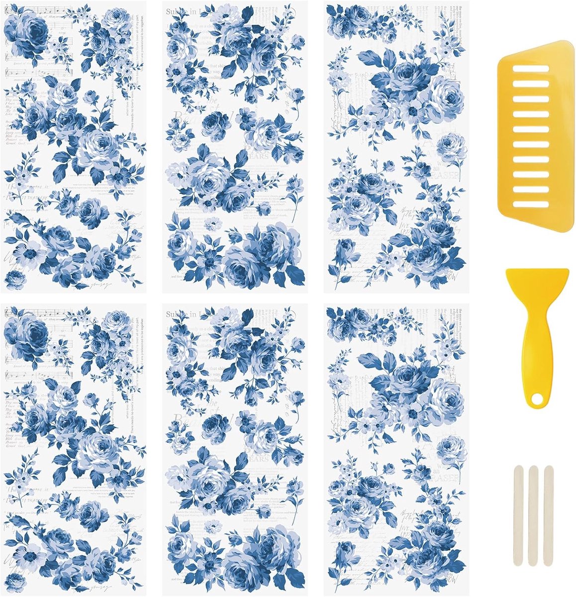 SnelShoppen - 6 Blauw Bloemen Wandstickers - Rub on Transfer Stickers - Vintage Patroon - Waterdicht voor DIY Decoratie - 30x15cm voor Fotoalbum en Sc