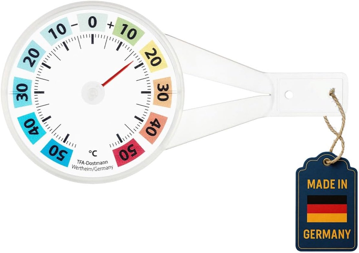 SnelShoppen - Analoge Raamthermometer Buitenthermometer - Weerbestendig - Celsius Schaal - Transparant met Kleurenschaal - Voor Tuin, Balkon en Buiten