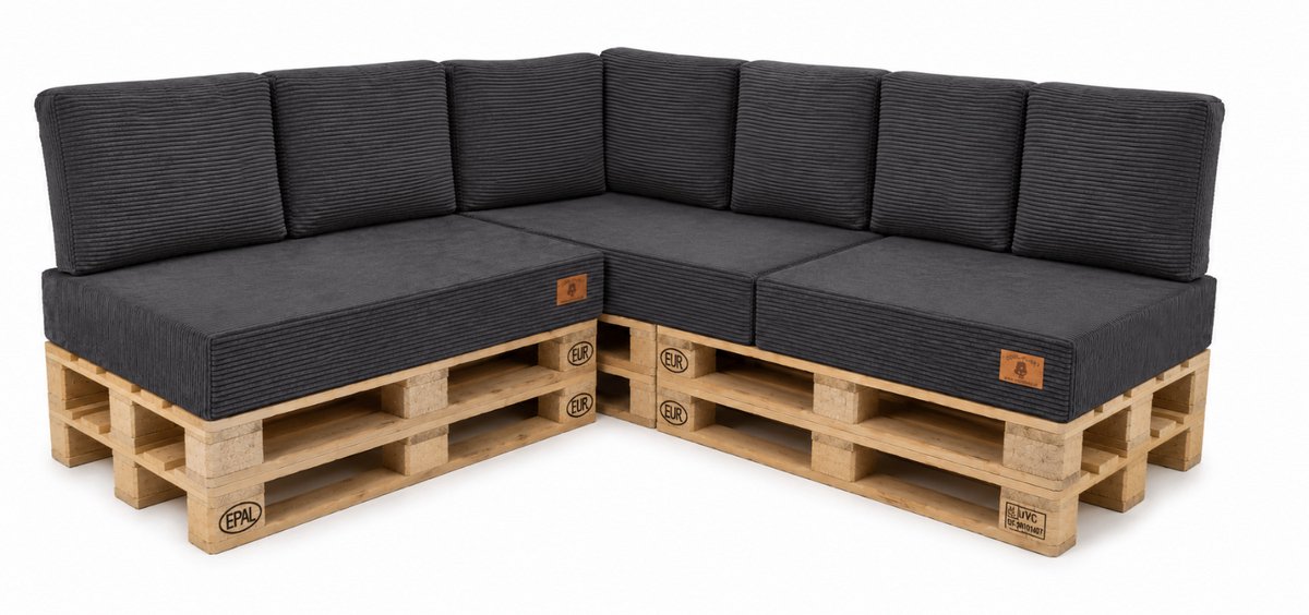 Palletkussens Set 10-delig – Corduroy Ribstof – Grafiet – Zitkussens 120x80x15 cm en Rugkussens 60x40 cm – Voor Palletbank Binnen en Buiten