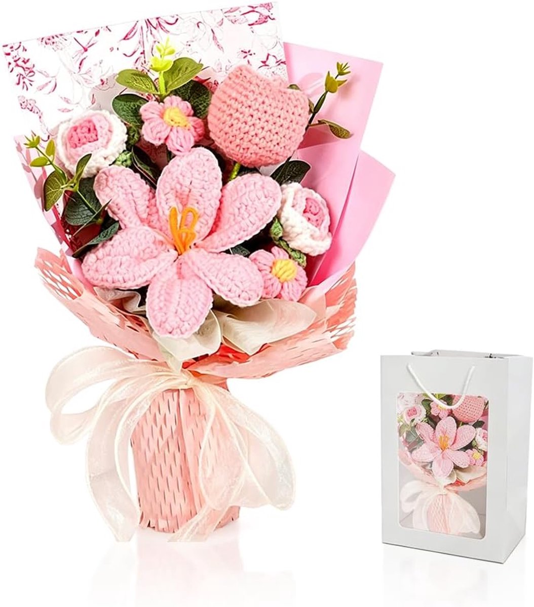 SnelShoppen - Gehaakt Boeket Kunstbloemen - Handgebreide Rozen & Kunsttulpen - Woondecoratie voor Bruiloften, Moederdag, Afstuderen - 9 Delige Set in