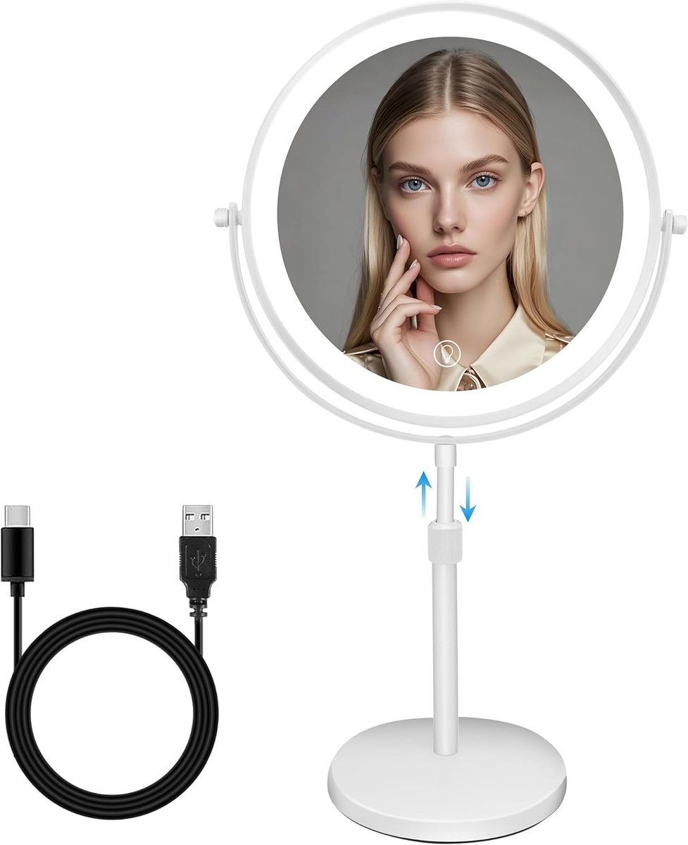 SnelShoppen - Hoogwaardige In hoogte verstelbare Dubbelzijdige Make-up Spiegel met Licht, 3 Kleuren LED Verlichting, Touch Switch, 10X Vergroting voor