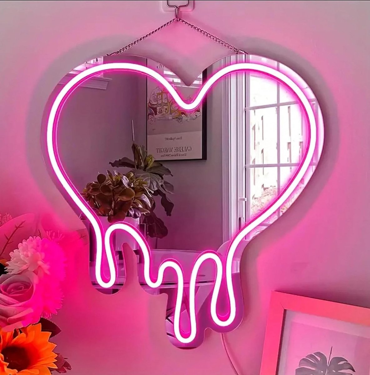 SnelShoppen - Uniek Heart Neon Sign - Roze LED Neon Licht Spiegel voor Slaapkamer, Meisjeskamer, Feest, Studio & Winkel Decoratie - 38x39 cm