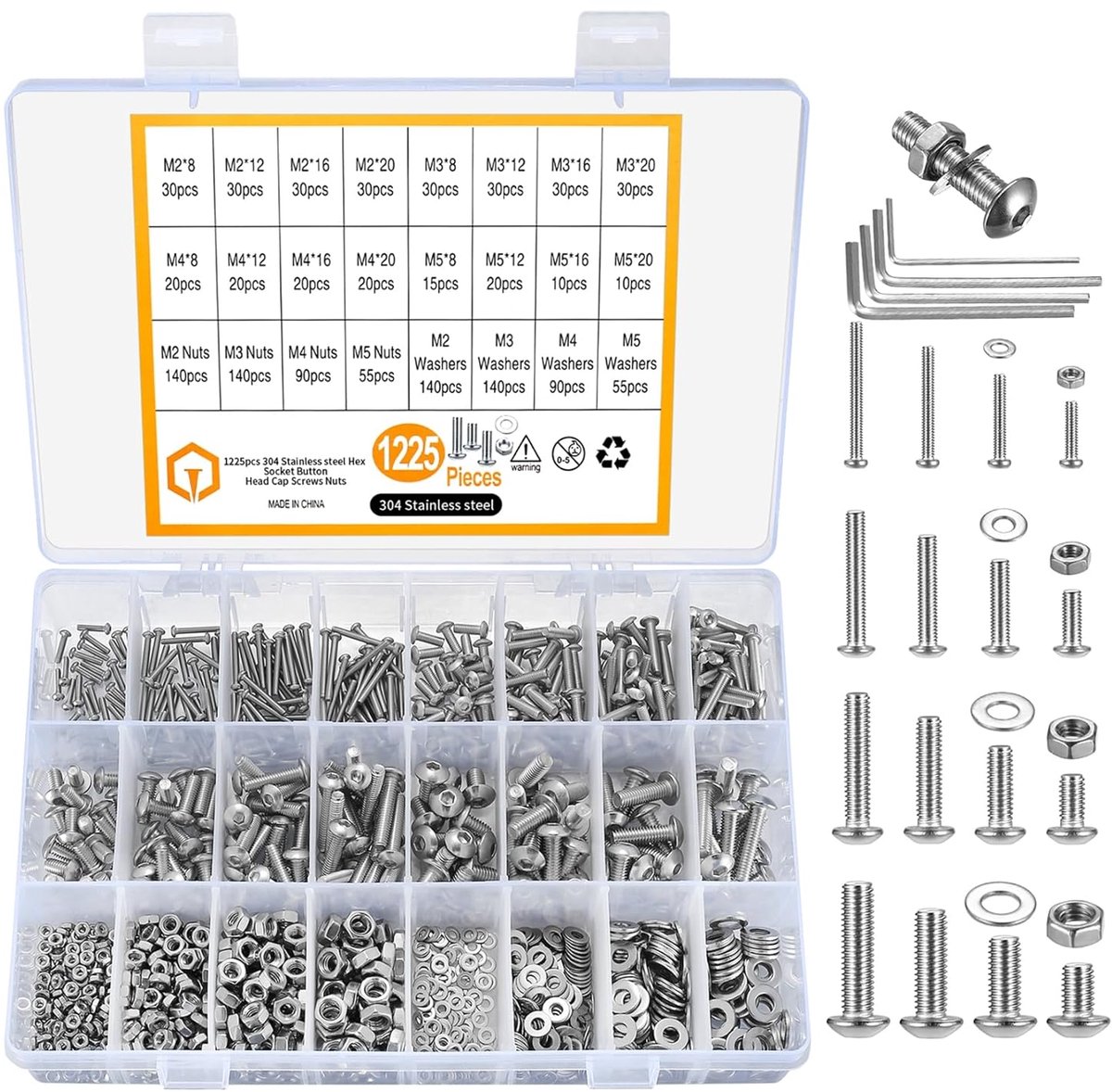 SnelShoppen - M2 M3 M4 M5 Hex Schroeven Set, Assortiment van Bouten, Moeren en Ringen, Hoogwaardige Koolstofstaal, 1225 Stuks, Duurzaam en Roestbesten