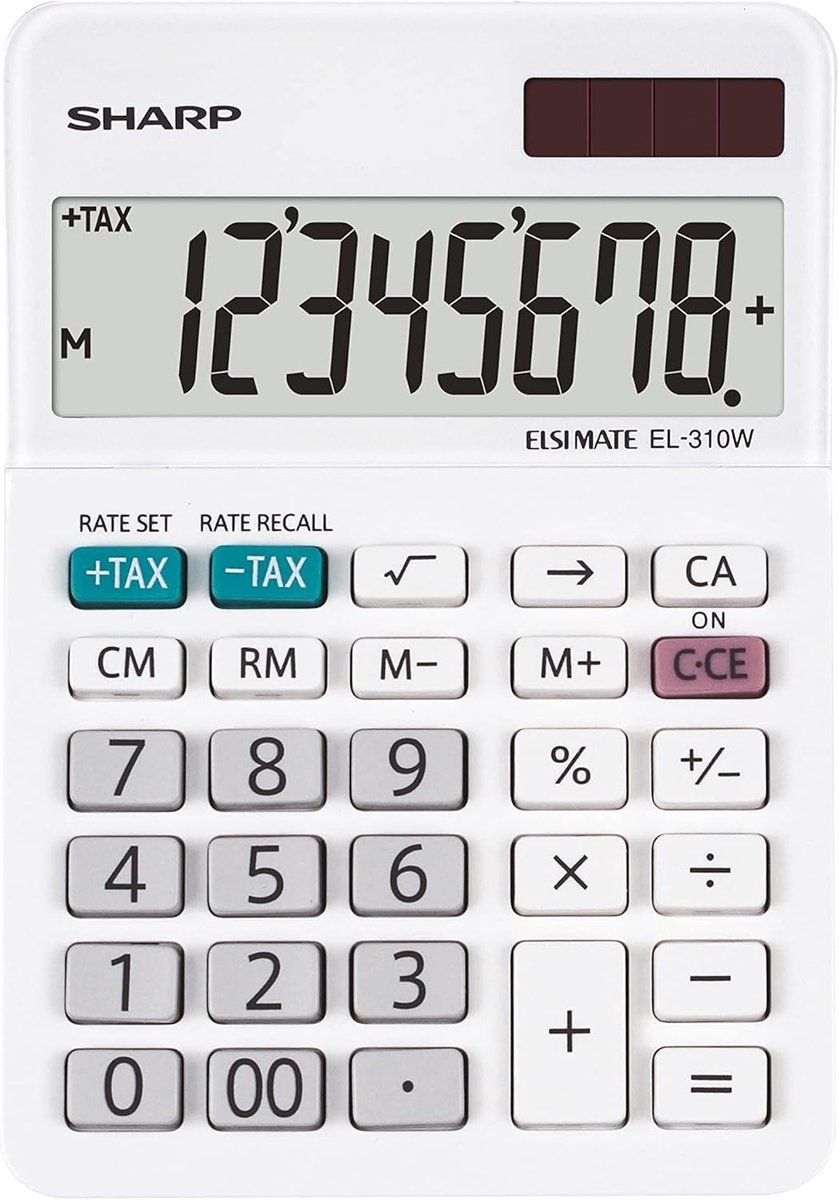 SnelShoppen - SHARP Tafelcalculator LCD Kleur Wit, 8-cijferige Aluminium Display, Ideaal voor Kantoor, Studies en Thuisgebruik
