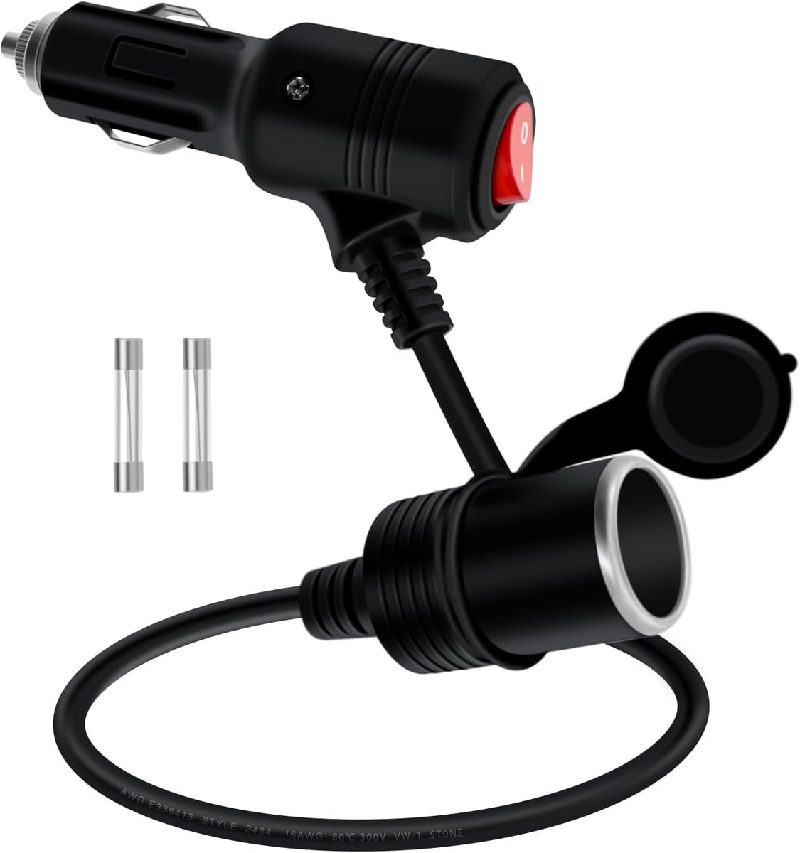 SnelShoppen - Cigarette Lighter Extension Cable met Schakelaar 12V/24V 16AWG 2 x 1.0mm² Korte Kabel met LED voor Auto, vrachtwagen, Motorhome (0.3m)
