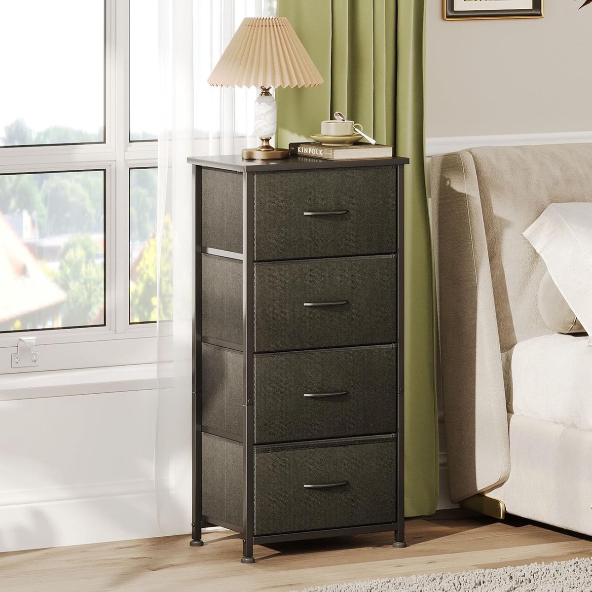 SnelShoppen - Smalle Ladekast met 4 Stoffen Lades, Metaal Frame en Houten Bovenkant - Opbergrek voor Slaapkamer, Hal of Kinderkamer - Zwart 42x30x94 c