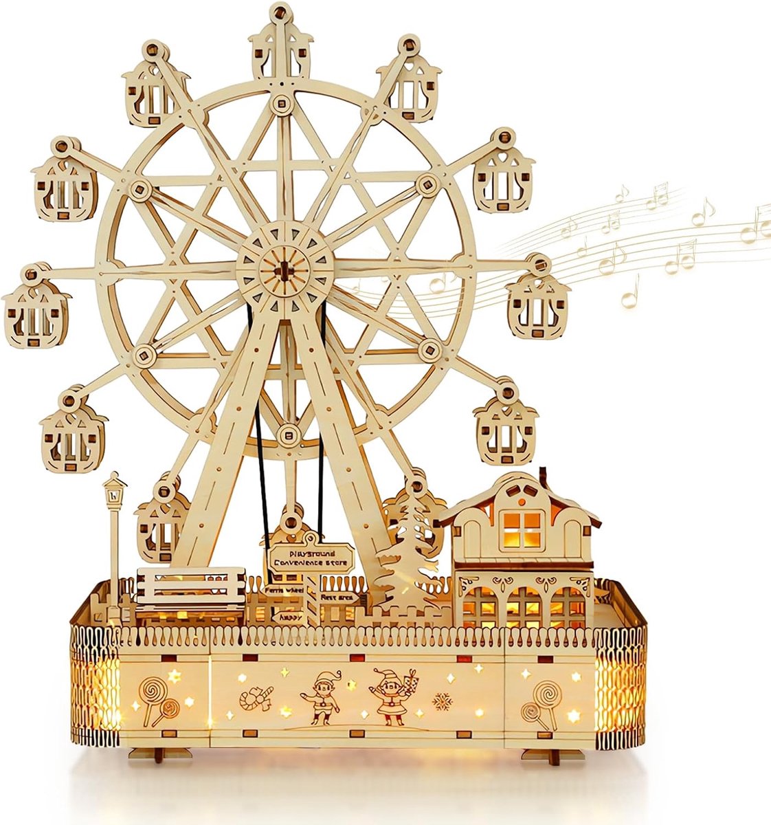 SnelShoppen - 3D Houten Ferris Wheel Bouwset met Muziek - Mechanisch Puzzel Model voor Volwassenen - Premium Kwaliteit Natuurlijke Birk - Creatieve DI