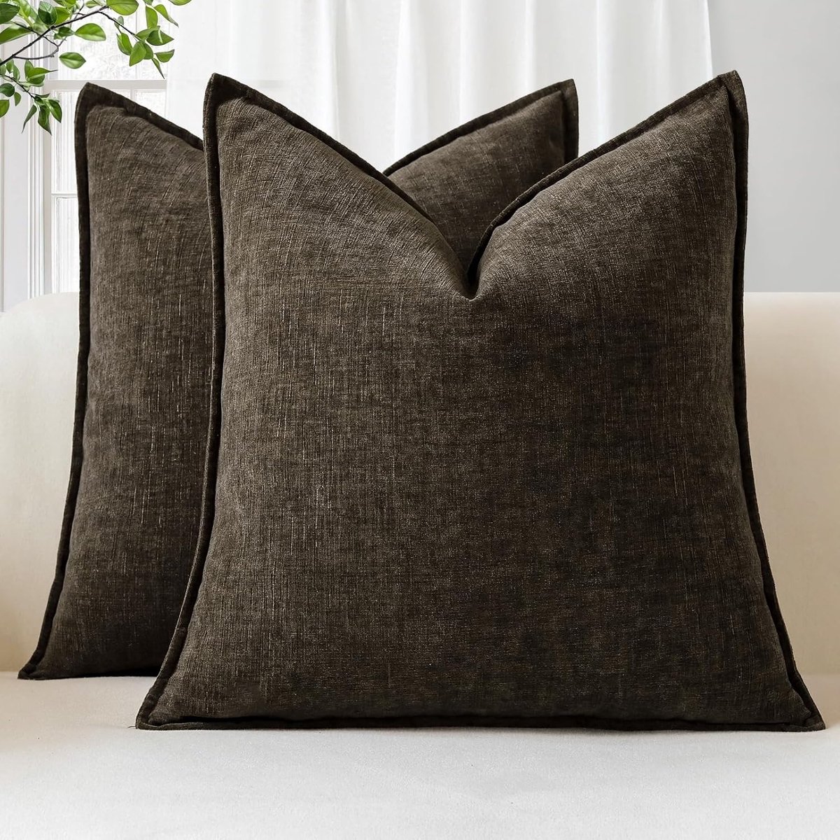 SnelShoppen - Set van 2 Zachte Chenille Kussenhoezen 50x50cm, Vierkante Decoratieve Kussenhoezen met Gestikte Rand, Effen Gekleurde Kussenhoezen voor