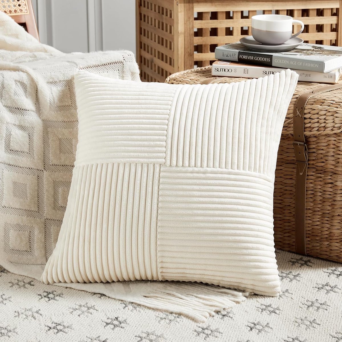 SnelShoppen - Beige Kussenhoes 40 x 40 cm, Zachte Corduroy Kussenhoezen, Decoratieve Kussenhoes voor Bank, Slaapkamer, Woonkamer, Boho Decoratie