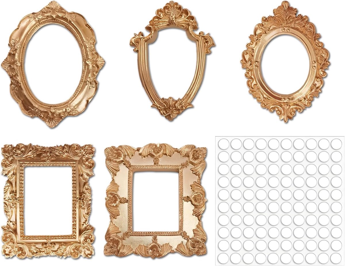 SnelShoppen - 5 Stuks Kleine Vintage Fotolijsten Set, Mini Resin Antieke Gotische Gouden Barok Ovalen en Rectangulaire Foto Displays voor Wanddecorati