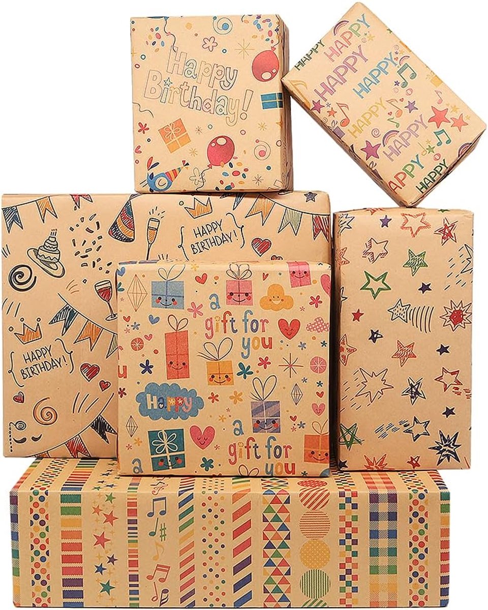SnelShoppen - Kraft Inpakpapier Happy Birthday Set - 12 Vellen Cadeaupapier, Jute Touw, Stickers en Labels, Bruin Gerecycled Papier voor Verjaardagen,