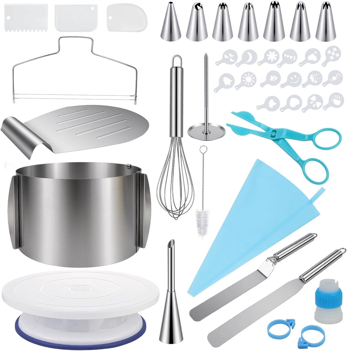 SnelShoppen - 40-delig taartaccessoire set - cake ring 15 cm hoog, draaiende taartplank, taartsnijder, eierschepper, taartserver, deegschraper & spuit