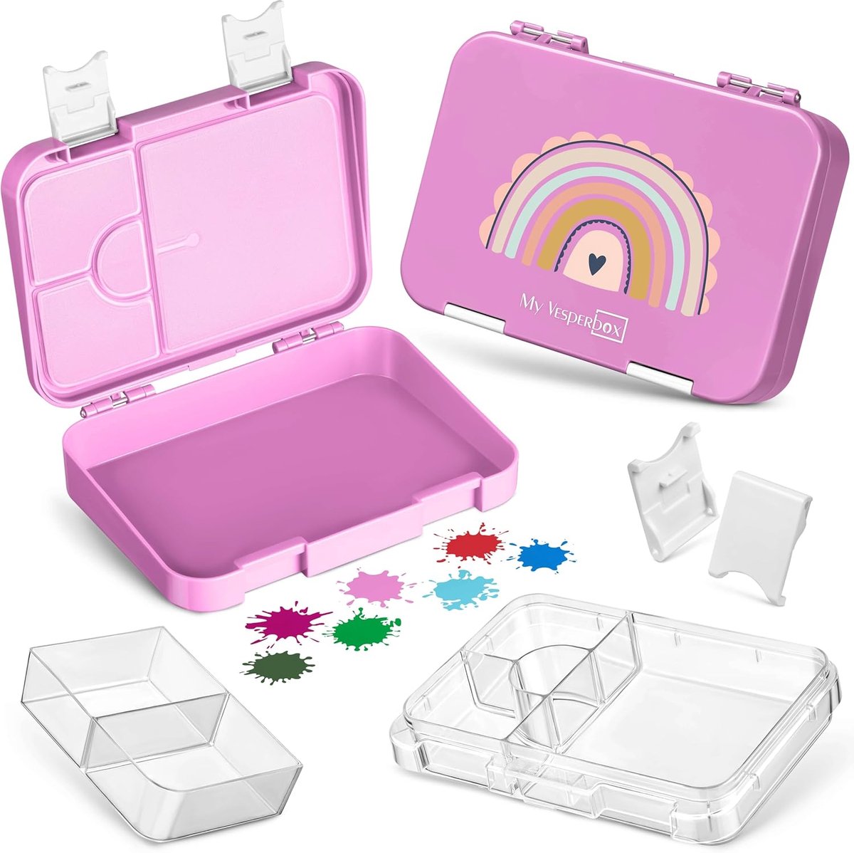 SnelShoppen - My Vesperbox Kinder Lunchbox Bento Box met 4 + 2 Compartimenten, Robuuste en Veilige Lunch Box voor School en Kinderopvang, Roze met Reg