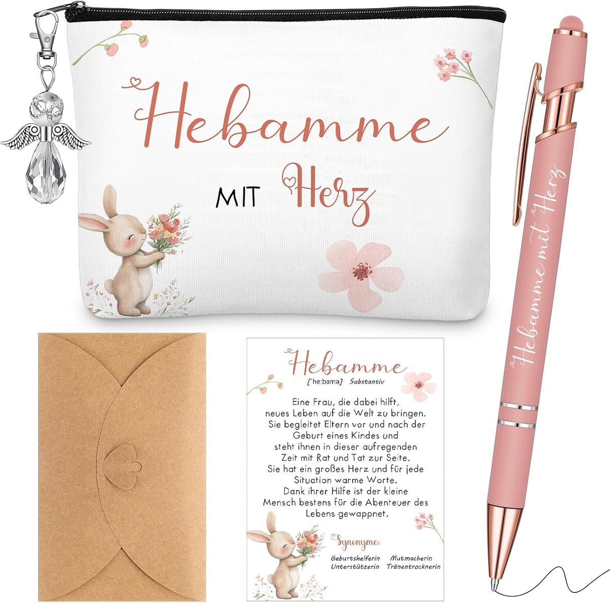 SnelShoppen - Bedankgeschenk voor Verloskundige | Make-up Tas met Hartvorm + Beschermengel Sleutelhanger + Pen met Tekst + Dankkaart met Envelop | Pra