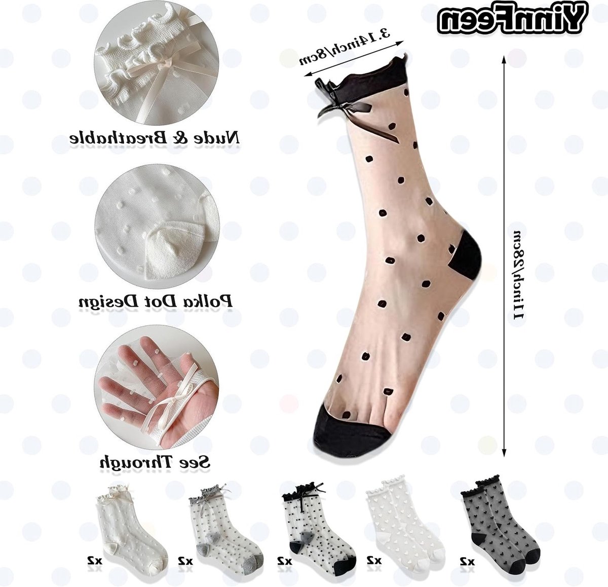 Ruffled Sheer Sokken voor Dames, Transparante Nylon Kousen, Ultra Dunne Mesh Ankelsokken met Dots voor de Zomer, One Size, Perfect voor Casual en Feestelijke Outfits