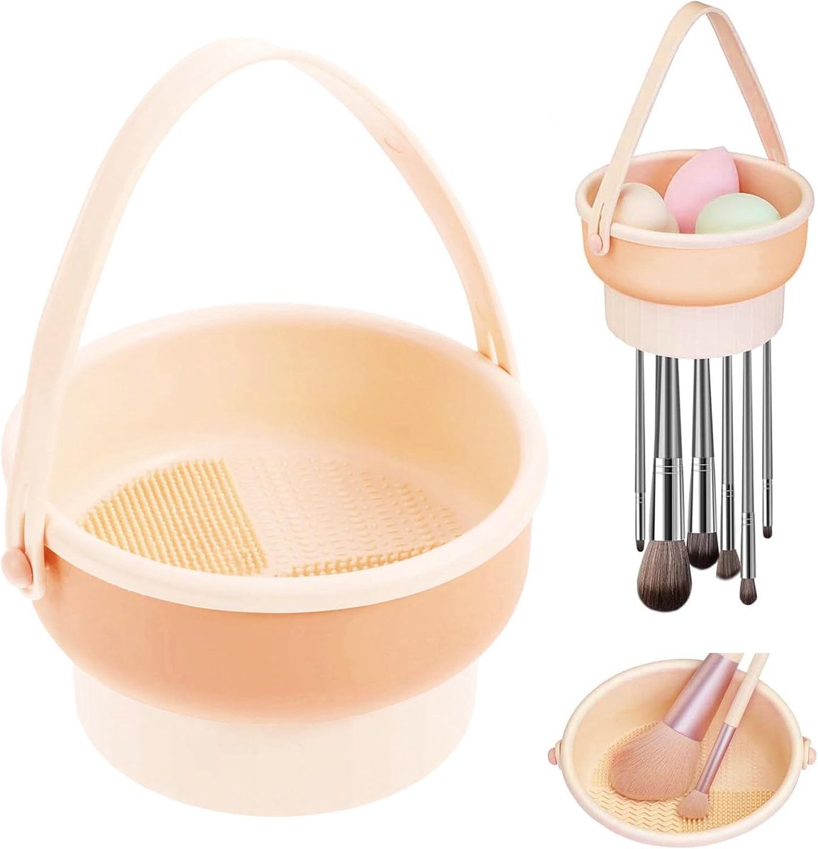 SnelShoppen - Penseelhouder Make-up, Multifunctionele 3-in-1 Siliconen Borstelreiniger, Reinigingsmat voor Make-up Kwasten, Beige, Ideaal voor Poe