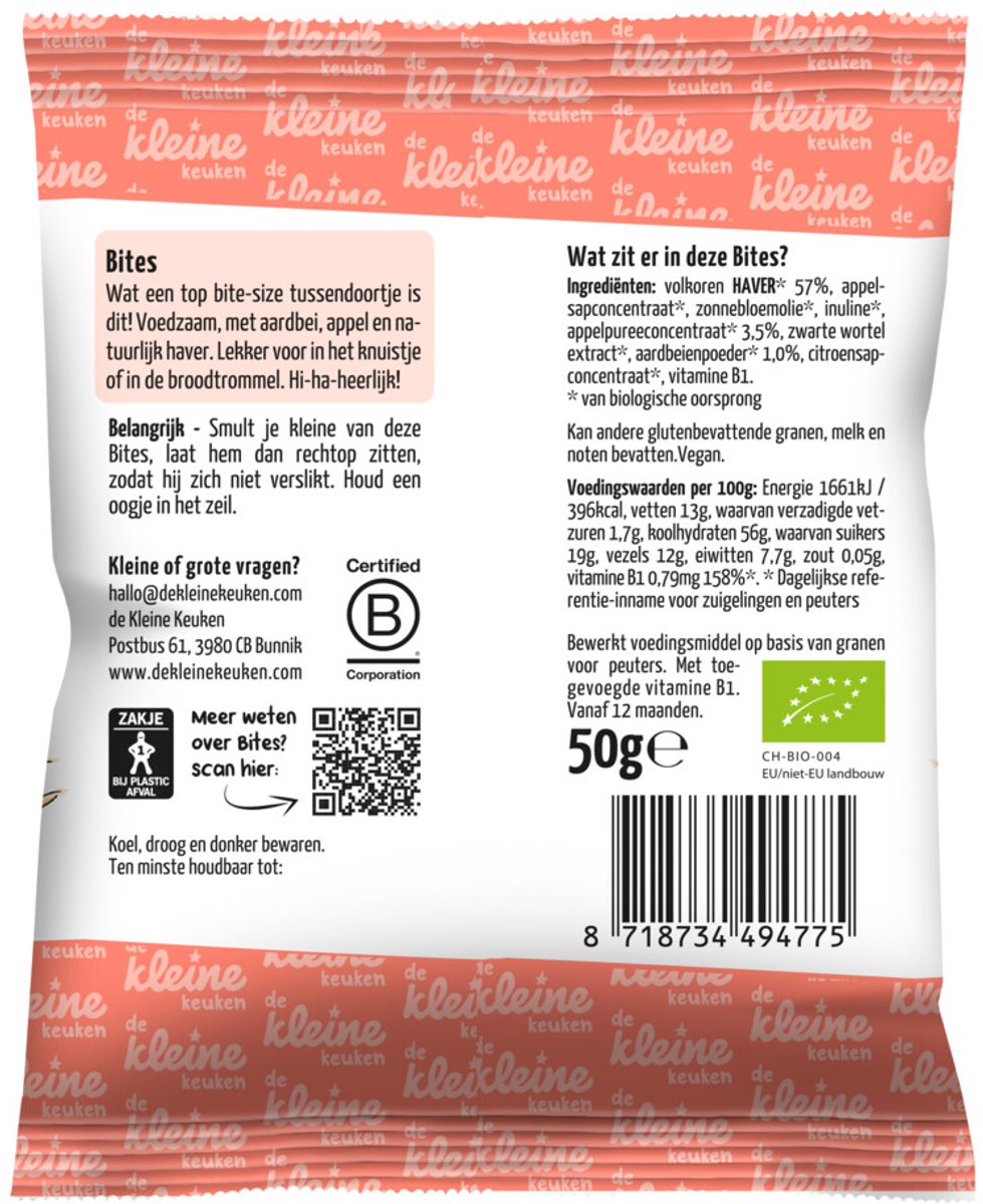 de Kleine Keuken - Bio Bites Haver & Aardbei - 4 x 50 gr - Voordeelverpakking