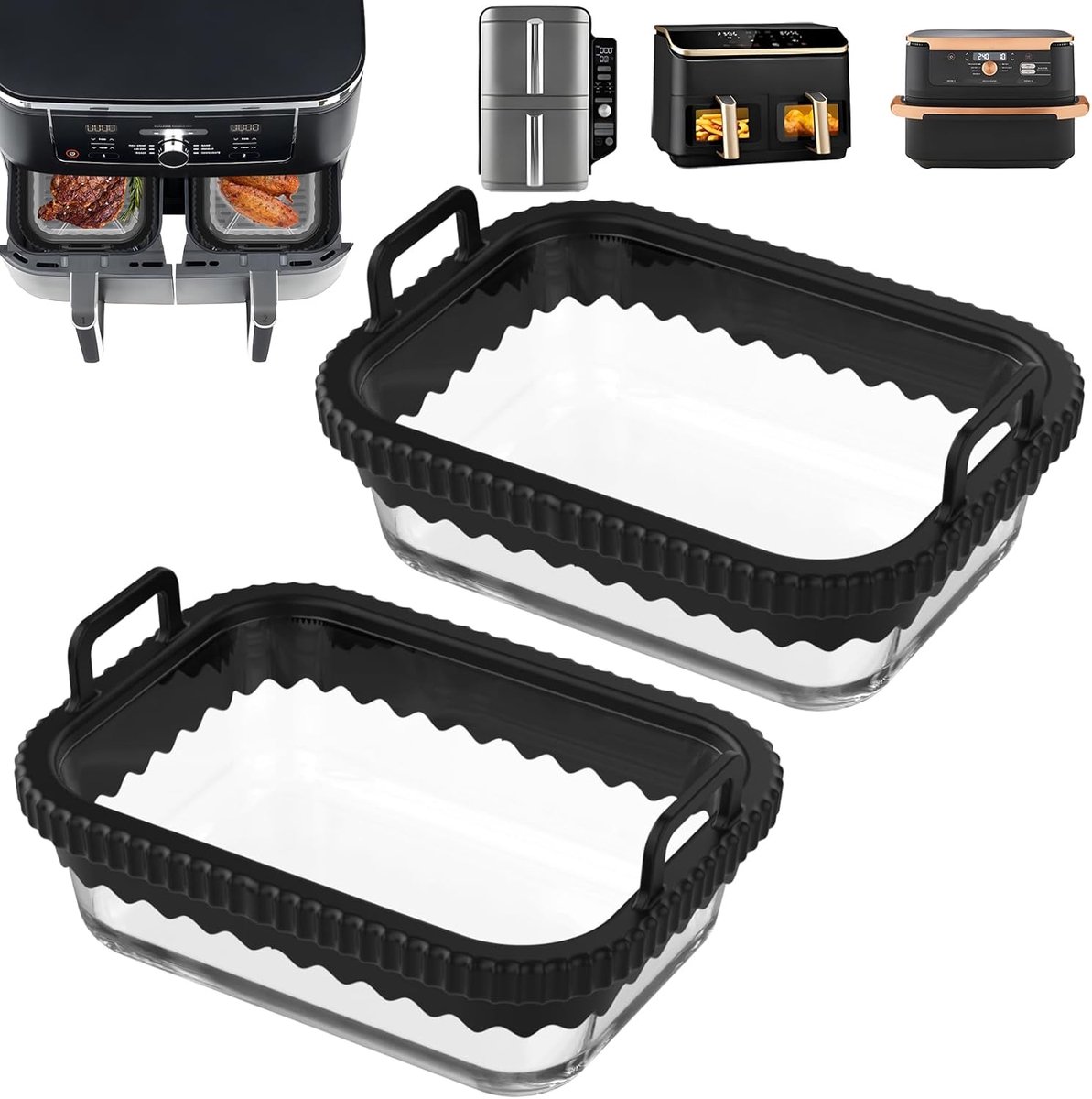 SnelShoppen - 2 Stuks Glazen Ovenschaal Airfryer met Afneembare Siliconen Handgrepen voor Dual-Zone Heteluchtfriteuse, Vaatwasmachinebestendig, 21x16x