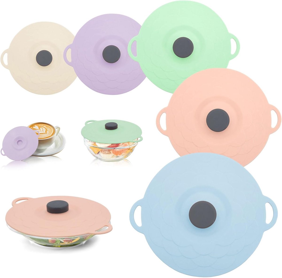 SnelShoppen - Silicone Deksel Set van 5 Herbruikbare Silicone Zuigkopdeksels in 5 Maten en Kleuren - Stofdicht, Warmtebestendig en Ideaal voor Keuken,