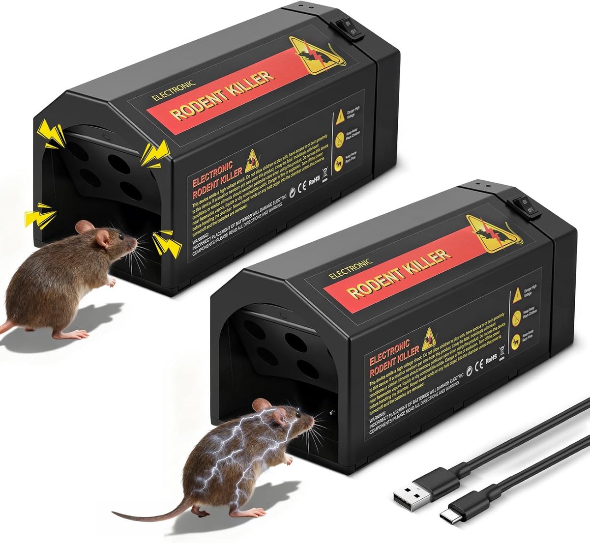 SnelShoppen - 2x Elektrische Muizenval 8000V - Effectieve Rattenval - Hoogspanningsval voor Thuis, Kantoor & Fabrieken - 2000mAh
