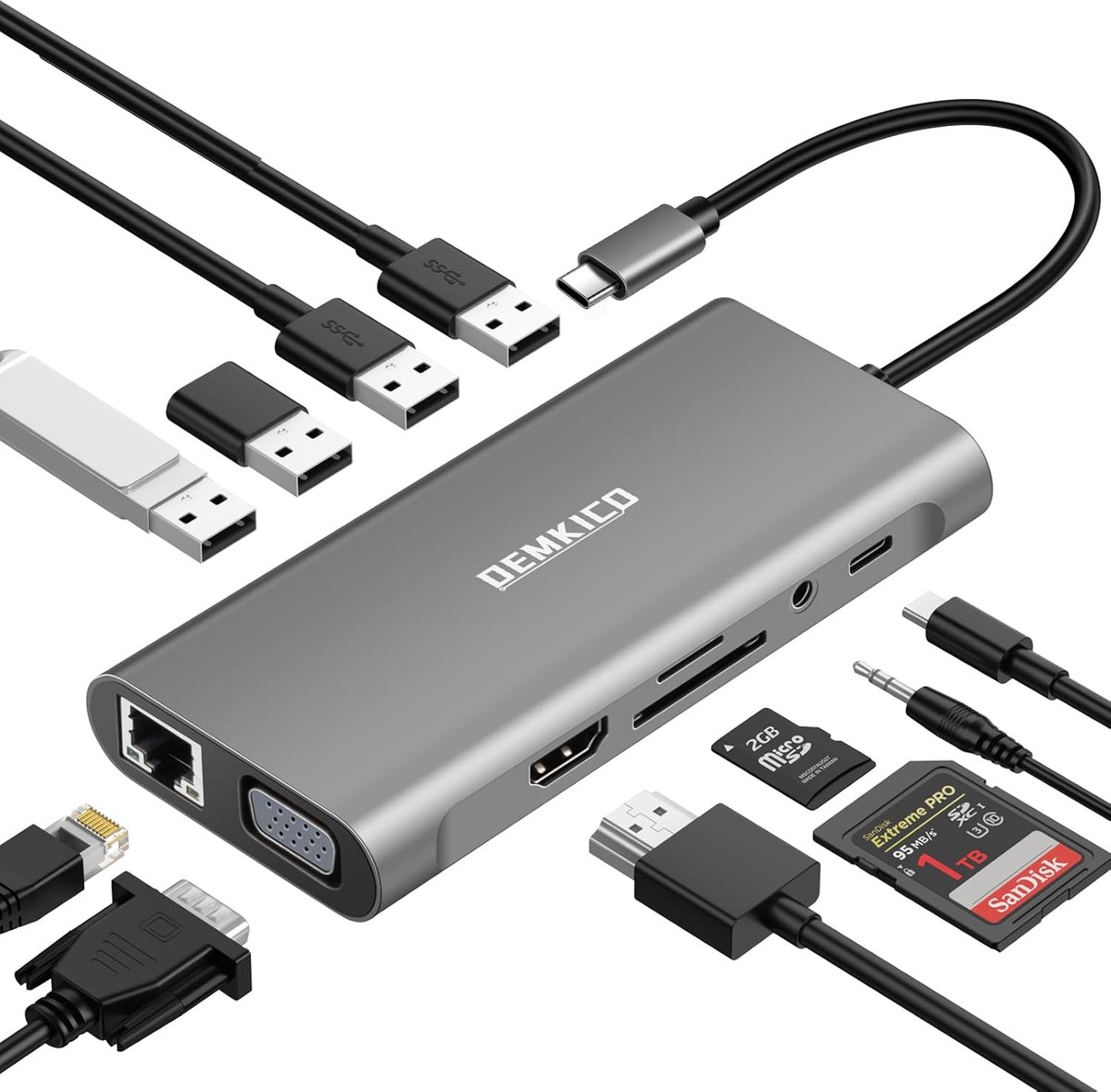 SnelShoppen - 11-in-1 USB-C Hub Multiport Adapter met 4K HDMI, 1080P VGA, 100W PD, USB 3.0, USB 2.0, Ethernet, SD/TF, 3.5mm Audio - Ideaal voor Laptop