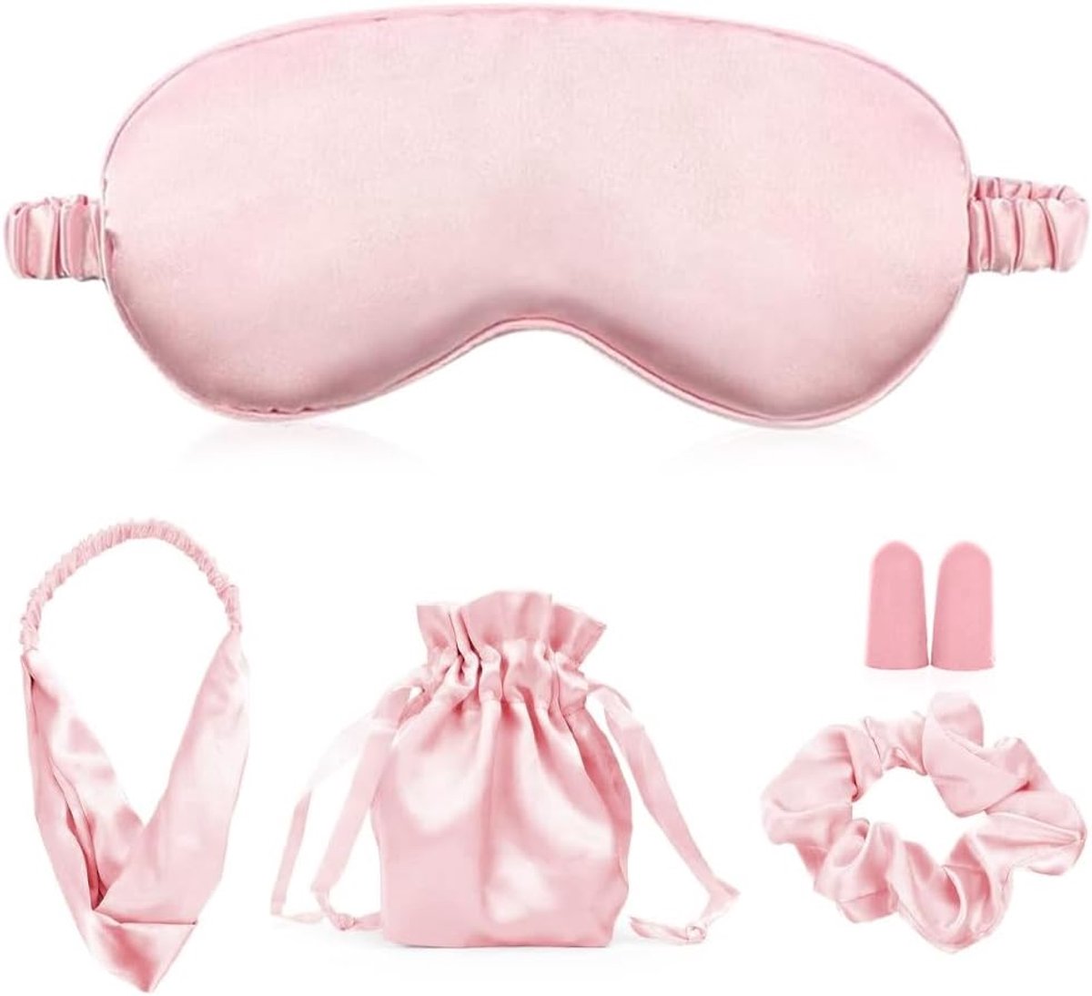 Thijox - 5-delige set slaapmaskers, zijden slaapbril voor dames, lichtblokkerend oogmasker, oordopjes, scrunchie, haarband en opbergtas in roze voor r
