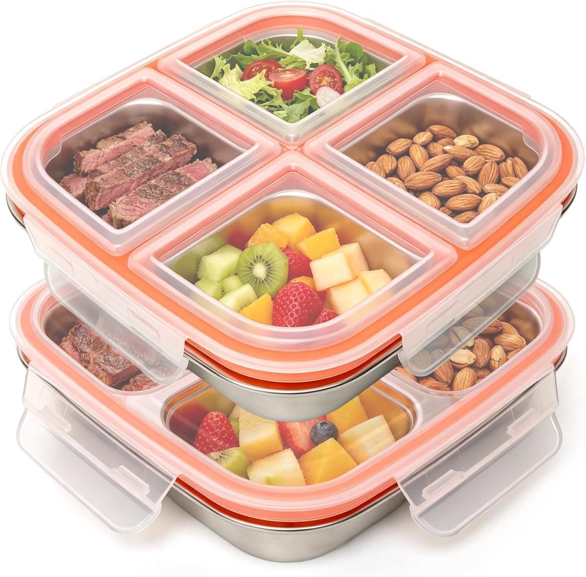 SnelShoppen - 2 Stuks RVS Lunchbox, Lekvrije Broodtrommel met Vakjes 600ML voor Volwassenen, Bento Box voor School, Kantoor, Picknick, Camping