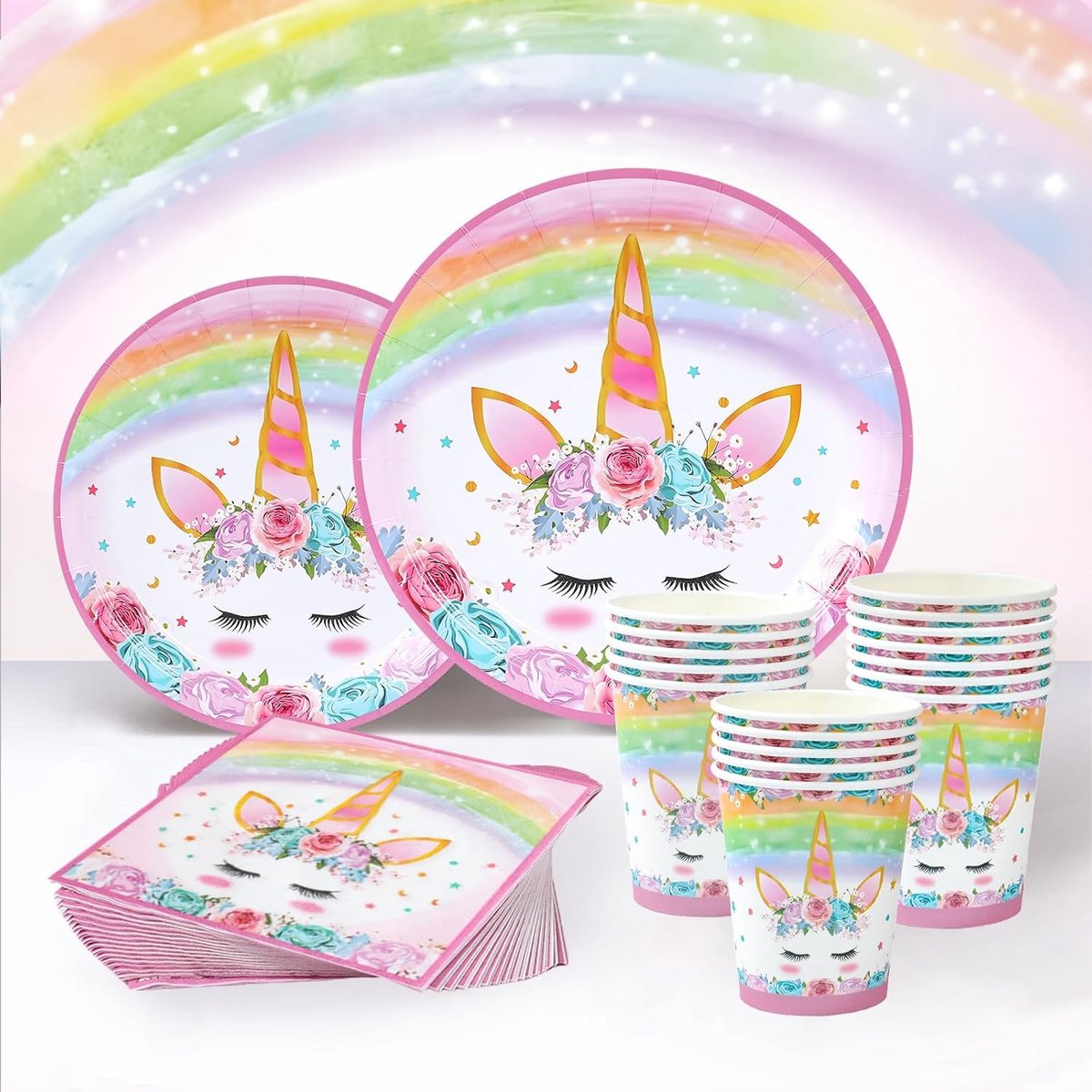 SnelShoppen - Unicorn Paper Plates, Cups en Servetten Set - 96 Stuks - Roze Feestservies voor Meisjes - Unicorn Decoraties voor Verjaardag, Feest of A