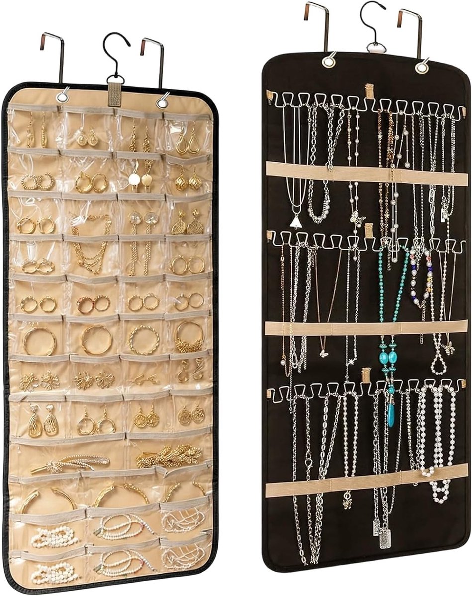 Hangende sieradenorganizer voor sieradenopslag, dubbelzijdig met metalen haken, ideaal voor ringen, oorbellen en kettingen