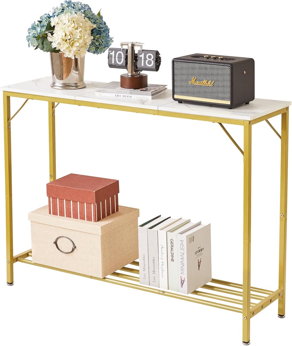 SnelShoppen - Console Tafel HST006W - Industrieel Wit & Goud - 107x30x78 cm - Multifunctionele Entree Tafel voor Woonkamer, Slaapkamer, Hal