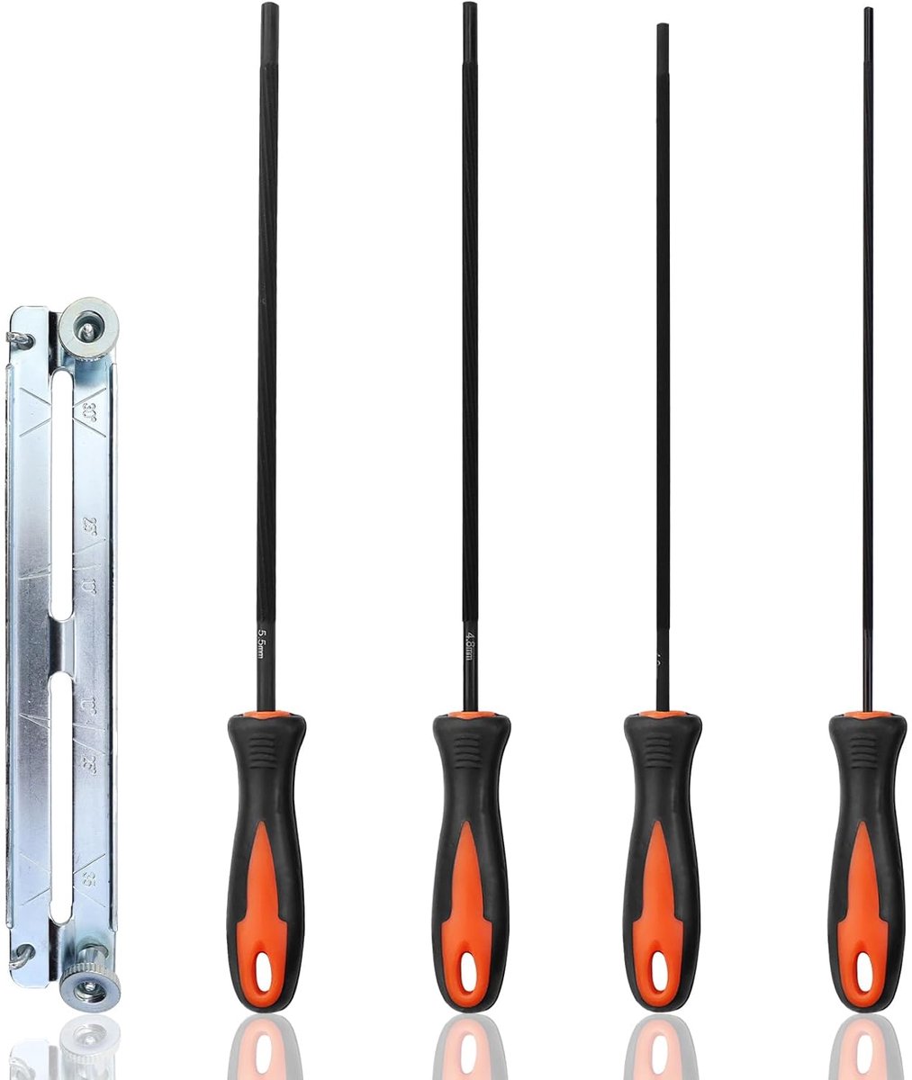 SnelShoppen - 4-delige kettingzaag vijlset met handvat en houder, paardenvijl, rond vijl, 3.2 mm, 4 mm, 4.8 mm, 5.5 mm, ideaal voor kettingzaagonderho