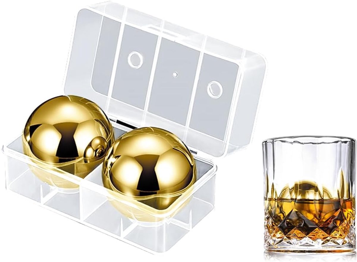 SnelShoppen - 2 Stuks RVS IJsblokjes, Herbruikbare Whiskystenen, Koelballen voor Whisky, Vodka, Wijn, Cocktails, Feest, Picknick, Bar, Gouden Kleur
