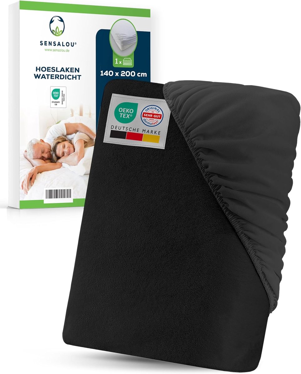 SnelShoppen - Waterproof Fitted Sheet 140 x 200 cm Zwart - Matrasbeschermer met Zacht Badstof Oppervlak voor Tweepersoonsbed - Ademend en Geruisloos -