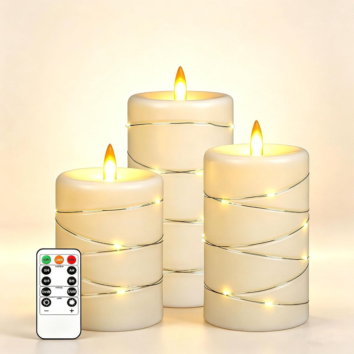 SnelShoppen - 3 Pack LED Kaarsen met Koperen Fairy Lights, Realistische Flicker Vlam, Batterij Aangedreven Met Afstandsbediening, Warm Wit, Hittebeste