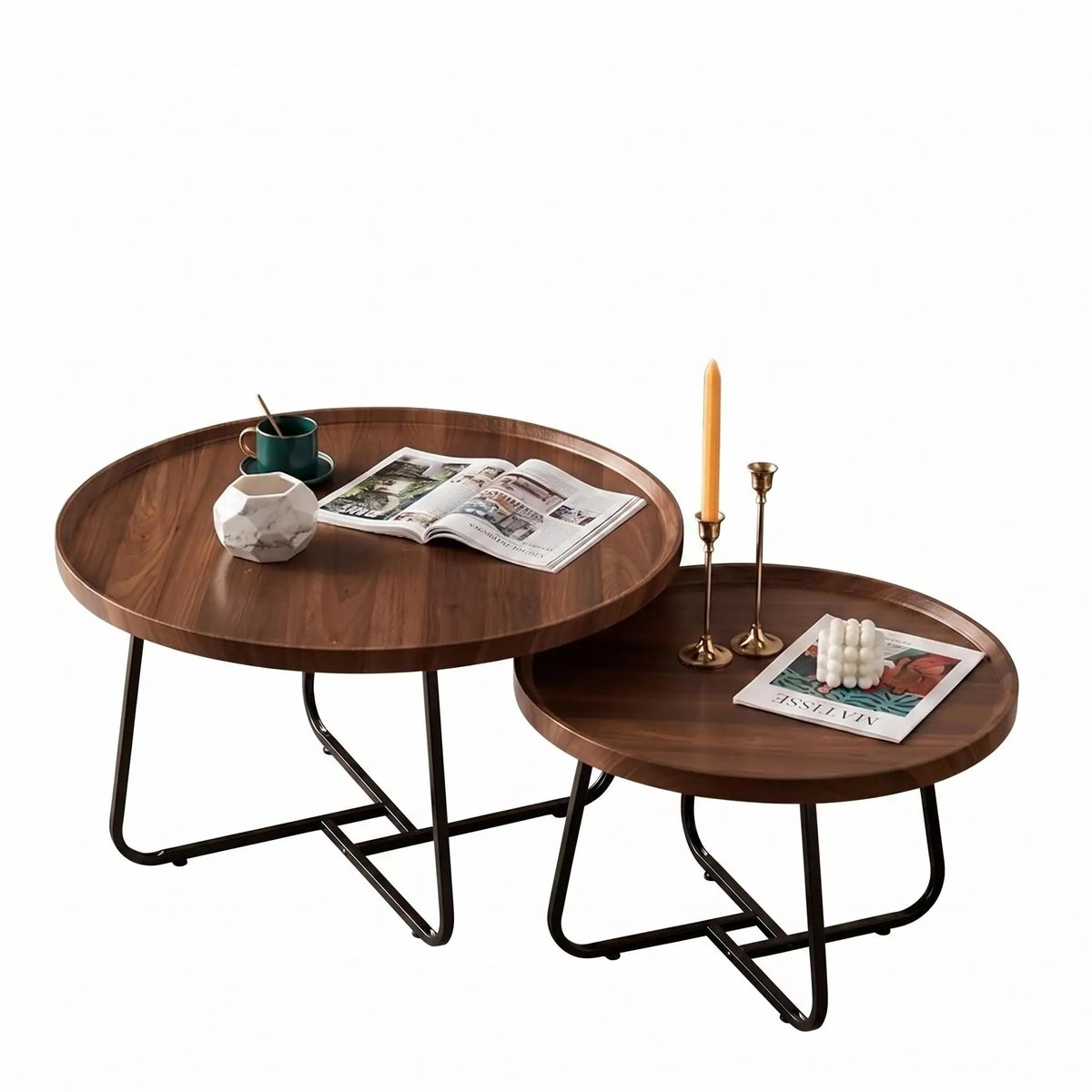 Stervia Salontafel Set van 2 - Ronde Salontafels - Bijzettafels Industrieel - Hout en Metaal - Walnoot & Zwart - Ø 70 en Ø 50 cm Bruin