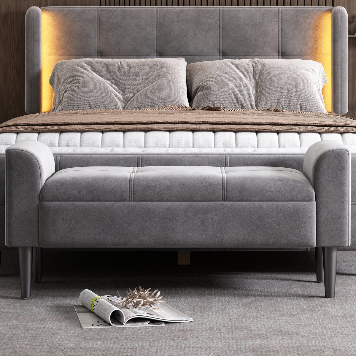 MODENUIT Bedbank – 116 x 44 x 56 cm – Met Armleuningen – Fluweel en MDF – Grijs – Voor Slaapkamer