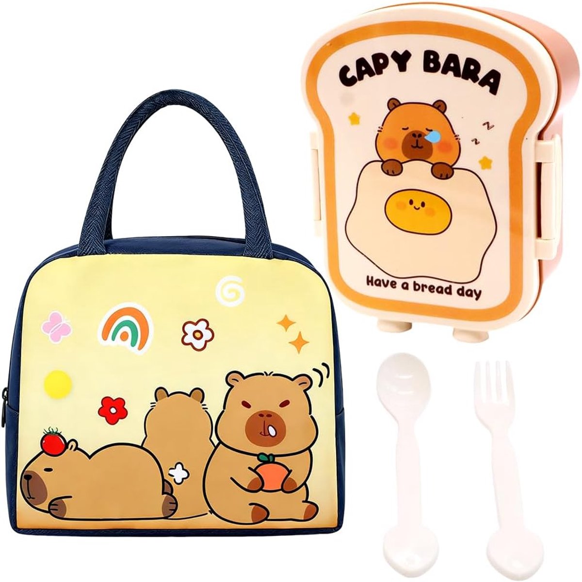 SnelShoppen - Capybara Lunch Box met Compartimenten, Bento Box voor Kantoor, Picknicks, Lekvrije en Vouwbare Koeltas, Inclusief Bestek, Perfect voor O