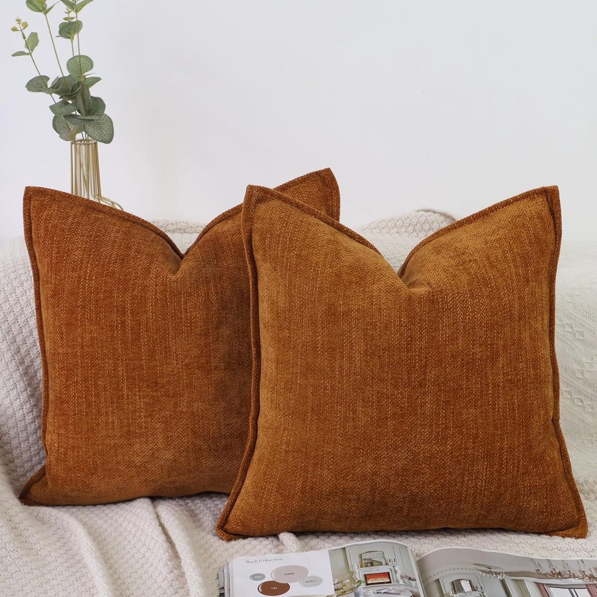 SnelShoppen - Luxe Chenille Kussenhoezen 45x45 cm - Set van 2 - Oranje Decoratieve Kussens voor Bank en Slaapkamer - Zachte Cuddle Kussens voor Carava