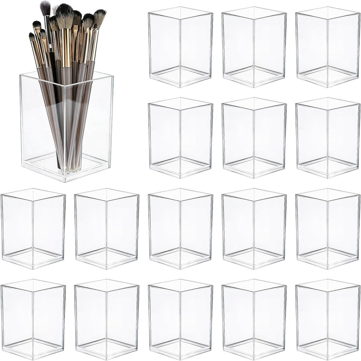 Doorzichtige acryl pennenhouders 24 stuks, make-up borstelhouder en bureauaccessoires voor klaslokaal en desktop opslag, 6,5 x 6,5 x 9,8 cm