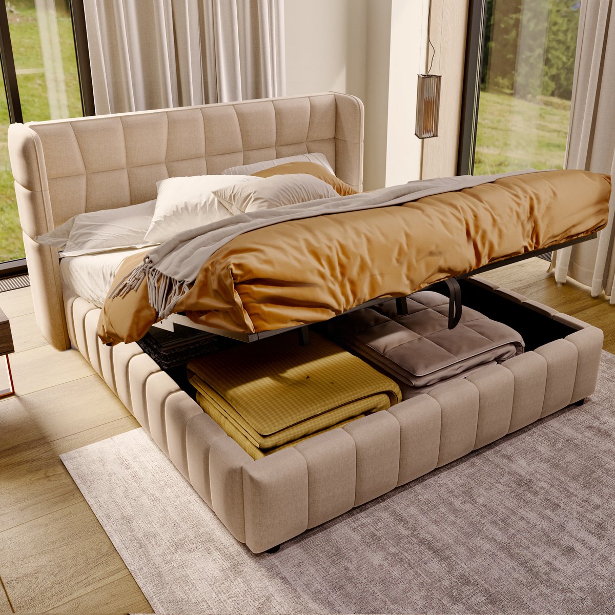 COVREO Gestoffeerd bed 180 x 200 cm - met opbergruimte, lattenbodem en hoofdbord, beige