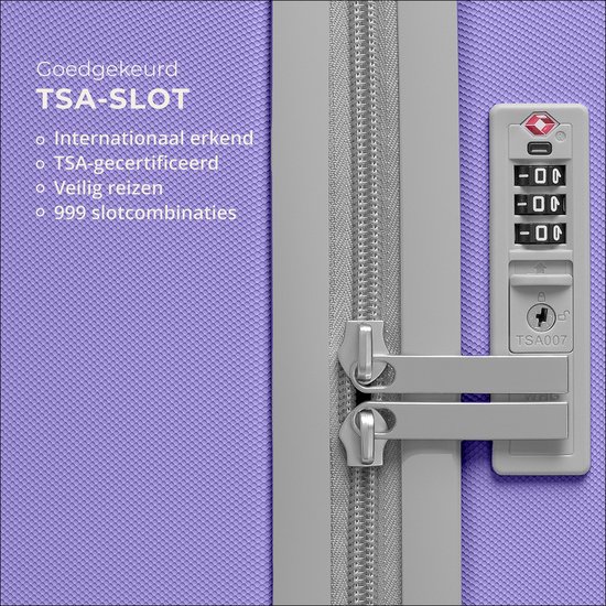 Detail van een lichtpaarse koffer met een geÿntegreerd TSA-slot met cijferslot. Tekst: Goedgekeurd TSA-slot, Internationaal erkend, TSA-gecertificeerd, Veilig reizen, 999 slotcombinaties.