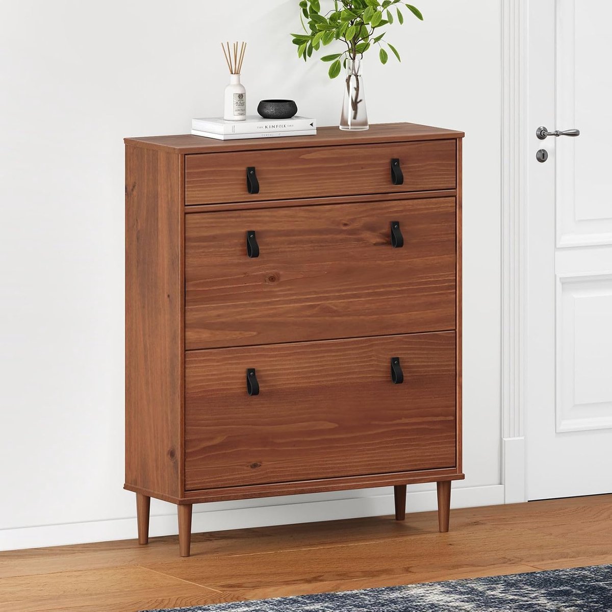 Schoenenkast smal 86 x 105 x 30 cm – kastanje houten schoenenkast met 2 kleppen en 1 lade, ruimte voor ca. 12 paar schoenen, massief grenen hal meubel met elegante handgrepen – Mobili Bella