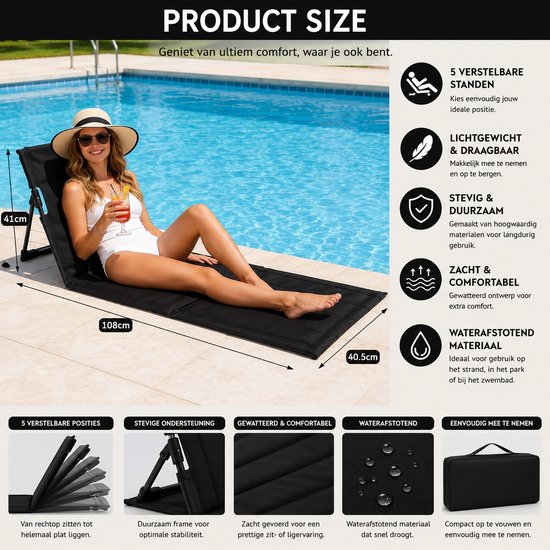 Arvion Strandmat Inklapbaar met Verstelbare Rugleuning - Opvouwbare Strandstoel voor Picknick, Strand, Tuin, Terras, Camping - Zwart — afbeelding 2
