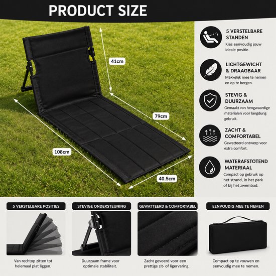 Arvion Strandmat Inklapbaar met Verstelbare Rugleuning - Opvouwbare Strandstoel voor Picknick, Strand, Tuin, Terras, Camping - Zwart — afbeelding 5