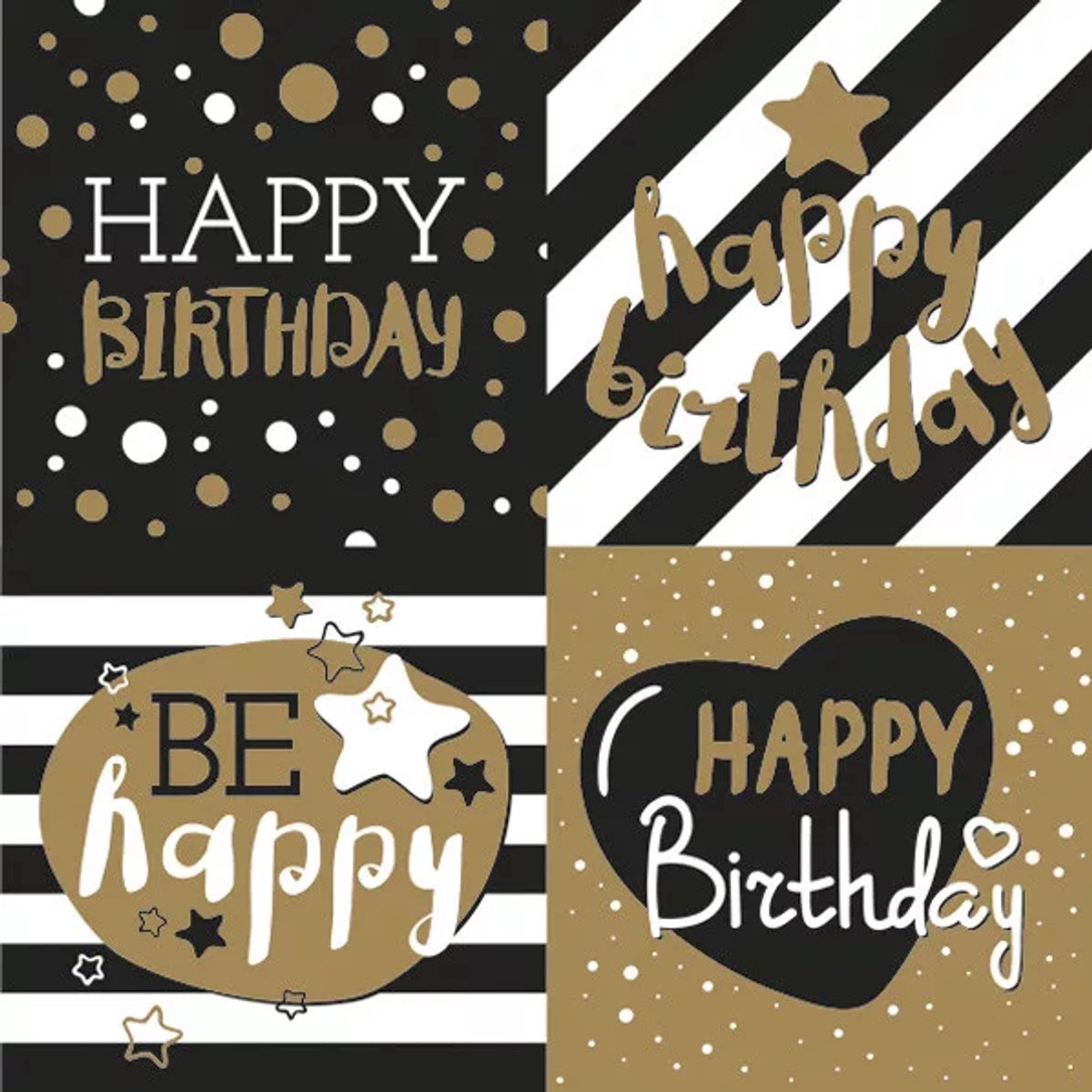 40 Servetten - Happy Birthday - Golden Happy Birthday - Zwart - Wit - Goud - 33 x 33 cm - 3-Laags - Maki