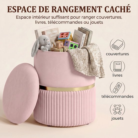 Roze fluwelen poef met opbergruimte, gevuld met dekens, boeken en speelgoed.